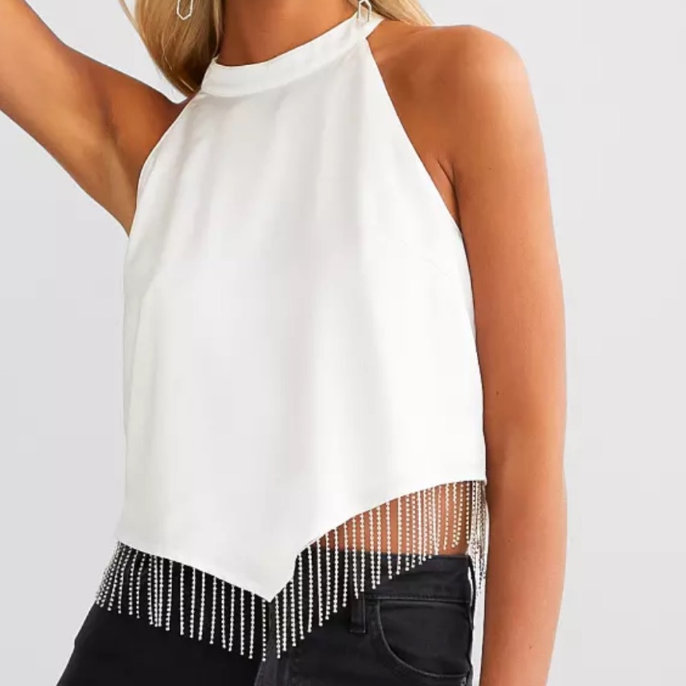 Blue B White Rhinestone Fringe Crop Top
